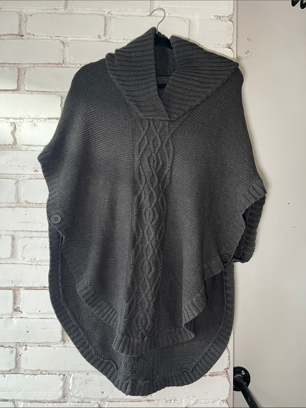 Dark grey Cable-Knit Shawl Collar Sweater Poncho with side buttons